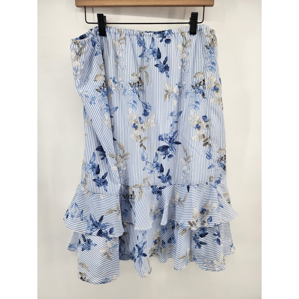 Christopher & Banks Blue White Striped Floral Ruffle Hem Midi Skirt Womens XL
